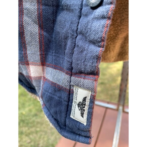 Wrangler Men Sherpa Lined Plaid Shirt Jacket S Cotton Polyester Blue Red Vintage - Picture 2 of 7